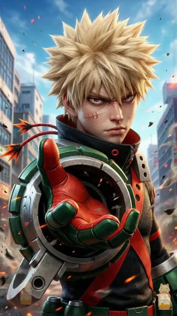 Chân dung Bakugo lông mày căng, hàm siết, ánh nhìn như dao, đúng kiểu áp lực đối đầu