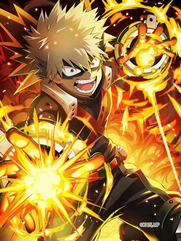 Chân dung Bakugo cười gắt, hiệu ứng Explosion vàng rực từ lòng bàn tay, khói nổ phủ khung hình