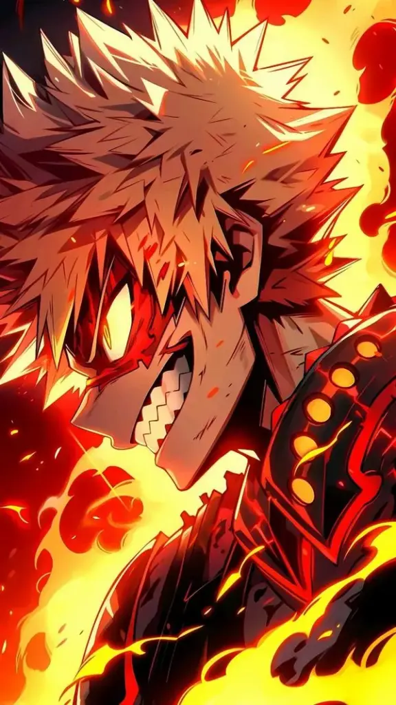 Hình ảnh Bakugo với giáp ngực bóng kim loại, dây đai chằng chịt, tạo khối cứng và dữ dằn