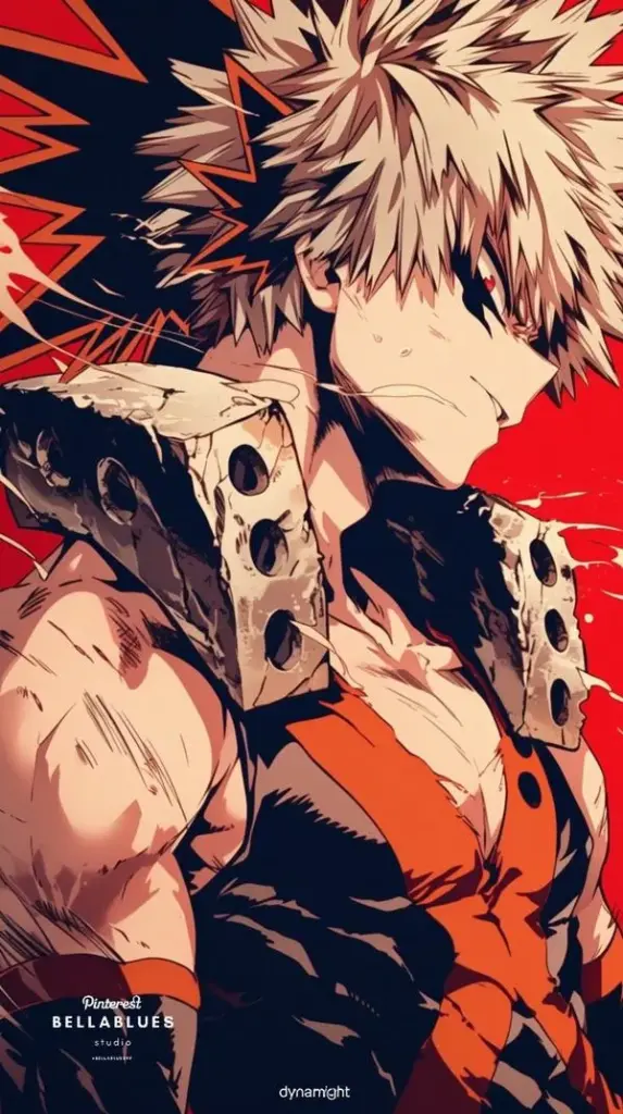 Ảnh Bakugo có miếng bảo hộ dày, chi tiết cơ khí nổi rõ, cảm giác sẵn sàng lao vào va chạm