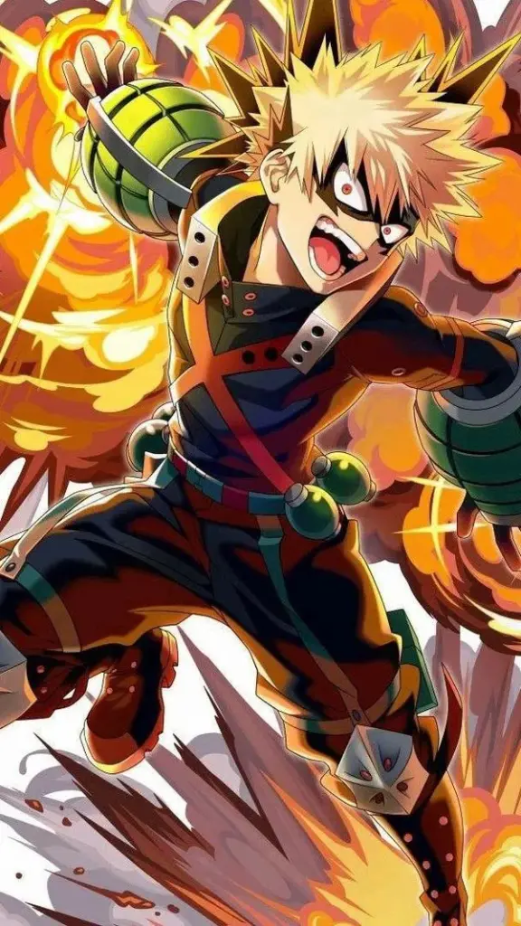 Hình ảnh Bakugo bật nhảy, găng tay lựu đạn sáng rực, chuyển động xoay người đầy áp lực đối thủ