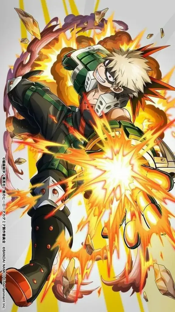 Ảnh Bakugo cận cảnh trang phục anh hùng hầm hố, hiệu ứng bộc phá hắt vàng, ánh mắt khóa mục tiêu