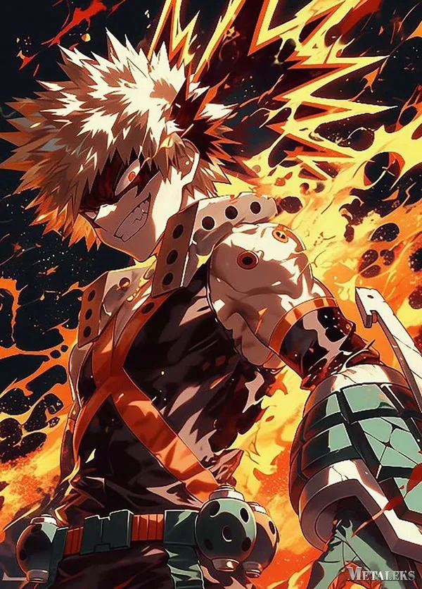 Artwork Bakugo quay lưng, vai rộng săn chắc, khói và tia lửa bám quanh, tông cam đỏ nóng rực