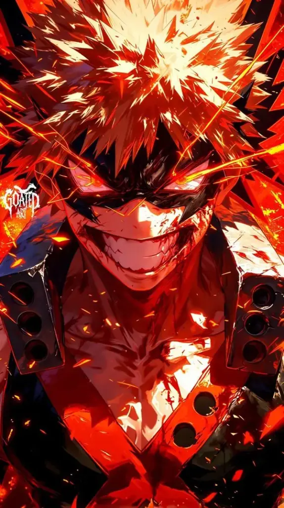 Hình Bakugo giữa nền đỏ, Explosion nổ lớn quanh người, tóc dựng nhọn, cảm giác nghẹt thở cạnh tranh