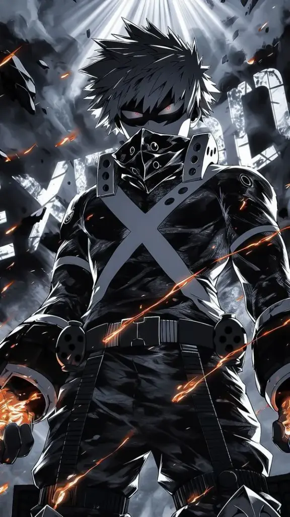 Ảnh Bakugo tông xám lạnh, dáng đứng im mà căng, mắt đỏ tối lại, không khí nặng như trước trận
