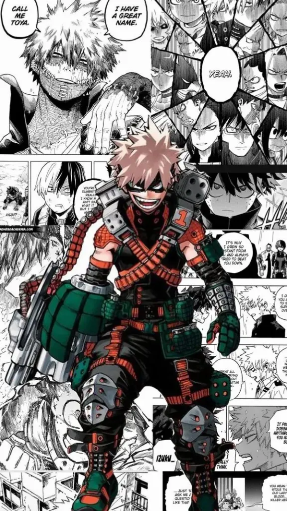 Hình Bakugo trong nền manga trắng đen, tóc vàng tro dựng đứng, mắt đỏ sắc, dáng đứng căng