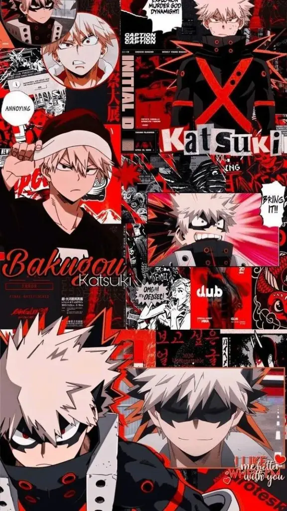 Ảnh Bakugo kiểu collage tông đỏ đen, biểu cảm cau có, chữ Katsuki nổi bật, khí chất hiếu thắng