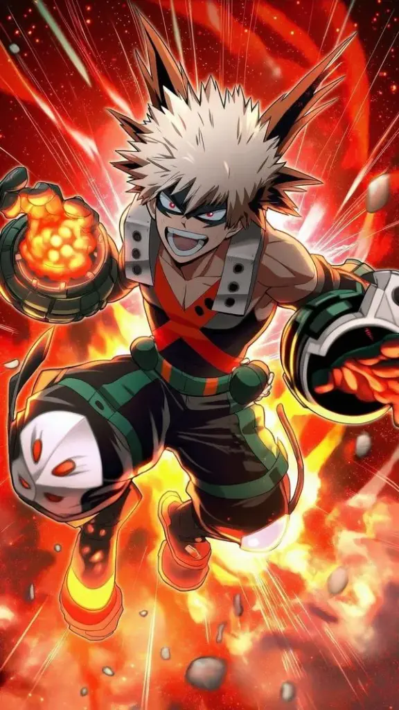 Hình Bakugo nền đỏ chói, quả nổ sáng trong tay, tư thế lao tới, thần thái thắng để cứu người
