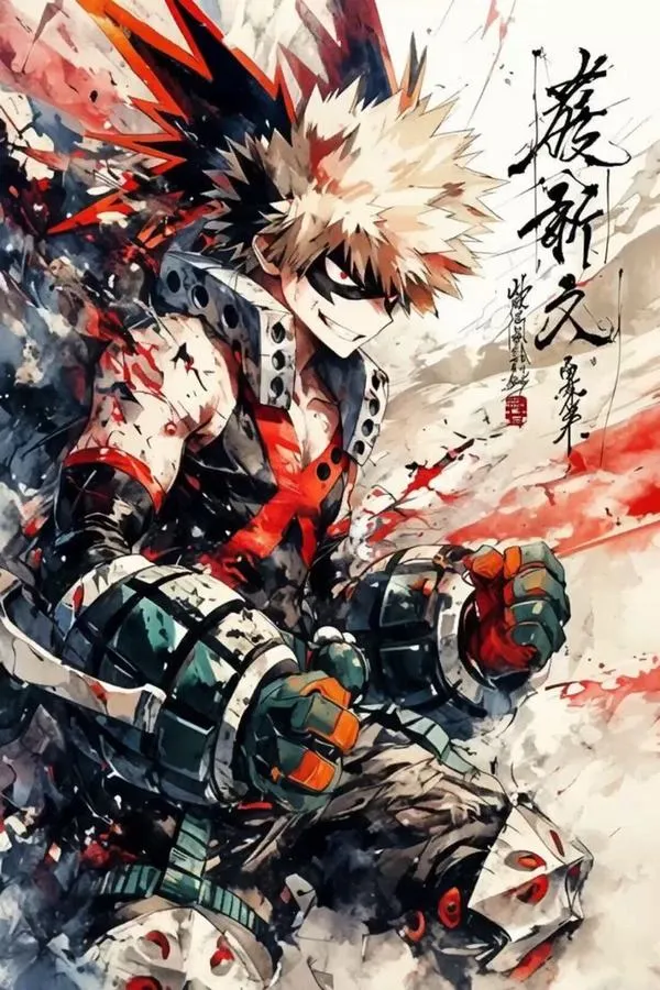 Ảnh Bakugo chiến đấu vệt máu và bụi, tay bộc phá tung tóe, ánh mắt gắt, cảm giác sống còn rõ rệt