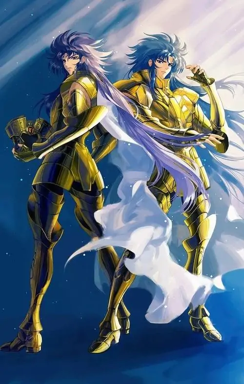 Hai nhân vật xanh vàng ôm lấy nhau giữa nền trời sáng, cơ thể kéo dài theo kiểu fantasy hơn anime thường thấy nên khung này hợp ai thích hình minh họa cô gái Song Tử nhỏ xinh phá cách