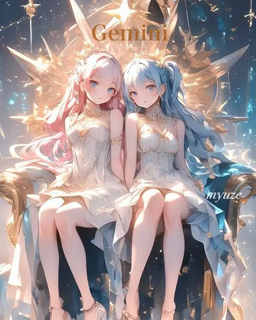 Hai cô gái pastel ngồi cạnh nhau trên ghế, chân khép gọn và tóc hồng xanh đổ xuống vai, phông chữ Gemini phía sau giúp bức tranh hoạt hình Song Tử nữ tí hon thêm phần đáng yêu
