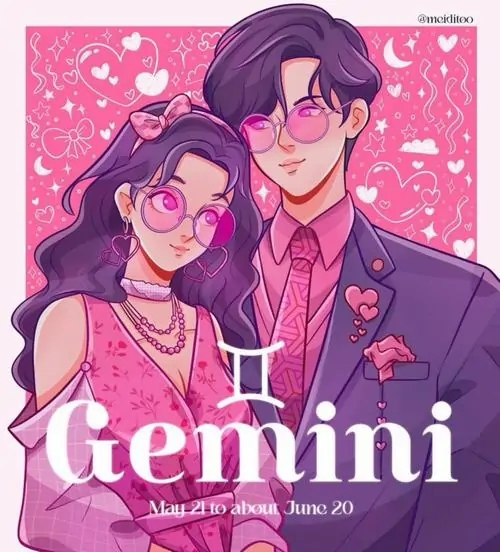 Tấm minh họa hồng tím vẽ cặp đôi đeo kính đứng sát vai, người nữ mỉm cười tươi và ký hiệu Gemini đặt giữa tạo cảm giác trẻ, vui, hợp làm ảnh đại diện cực chất
