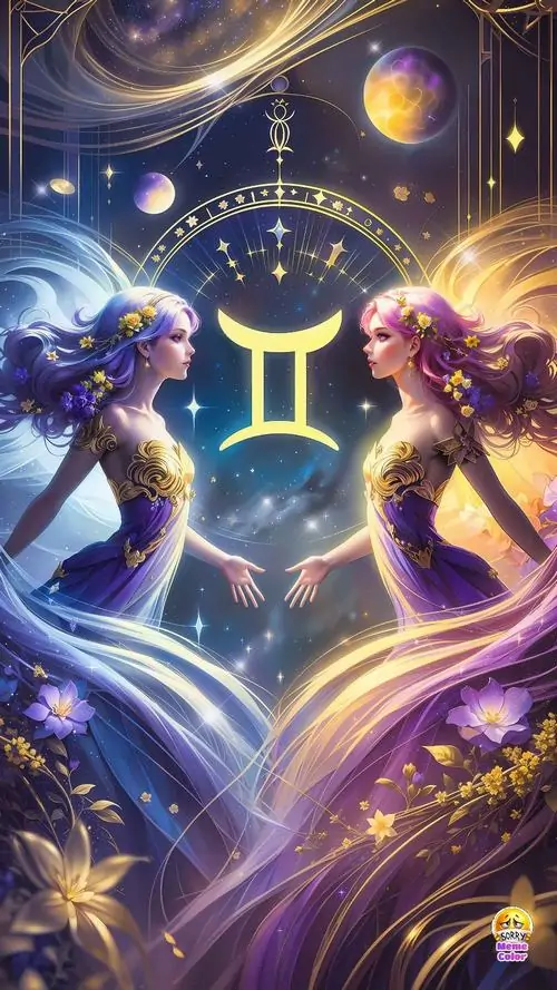 Hai nhân vật nữ xoay người đối diện quanh ký hiệu Gemini phát sáng, tà váy tím xanh cuộn như gió đêm khiến hình vẽ nhân vật Song Tử phong cách Nhật Bản trông bay bổng và khá ngầu