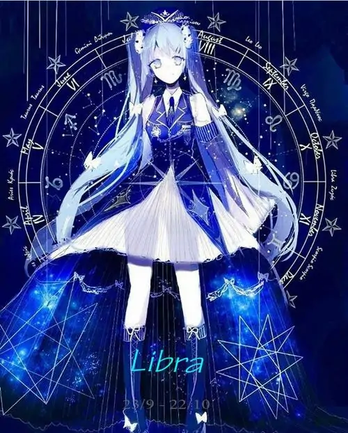 Ảnh Libra thiếu nữ tóc lam đứng giữa vòng sao hình học, váy trắng xòe thành tam giác và hai tay buông thẳng, hình nền điện thoại đẹp hợp ai mê nguyên tố Khí và tông lạnh