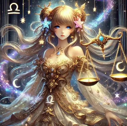 Hình đại diện cô nàng tóc vàng búi cao nhìn sang trái, váy giáp ánh kim phủ kín vai và các dải sáng quấn quanh cổ tay, nét vẽ fantasy làm ảnh cung Thiên Bình nữ khá ngầu