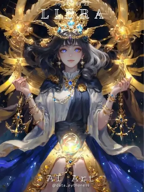 Cô gái đội mũ sao đen nhìn thẳng từ trung tâm khung hình, áo xanh đậm đính vàng và hai bên nở sáng như vầng hào quang, ảnh hoạt hình Thiên Xứng nữ nghiêng về kiểu thần thoại