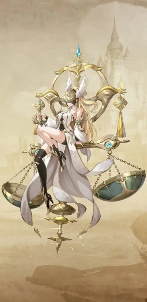 Trên nền giấy màu be, vài nét mực mảnh ghép thành cán cân và chiếc thuyền nhỏ, ảnh này không theo anime rõ rệt mà nghiêng về minh họa tối giản, thanh lịch và lạ mắt