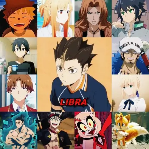 Một bảng ghép nhiều nhân vật anime nam được xếp kín nền sáng, chữ Libra nằm giữa áo đấu làm bức này khác hẳn mạch nữ tính, thiên về fanart tổng hợp và khá vui mắt