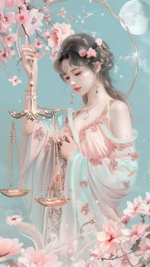 Hình nền anime cô gái mặc váy hồng nhạt đứng bên cành đào, tay nâng chiếc cân mảnh và vai nghiêng nhẹ về trước, hình vẽ cung hoàng đạo nữ xinh xắn mang hơi hướng cổ trang
