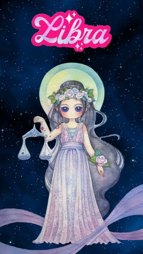 Tranh chibi bé gái váy trắng đứng giữa nền đen đầy sao, mái tóc vàng nhạt ôm mặt và chữ Libra phát sáng phía trên làm tổng thể trông vui mắt, nhỏ xinh và khá cute