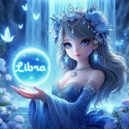 Ảnh Thiên Bình cô gái tóc xanh băng giơ lòng bàn tay đỡ chữ Libra phát sáng, váy xanh trong và đàn bướm phía sau làm khung hình trông mát, sáng và hơi ngầu theo kiểu fantasy