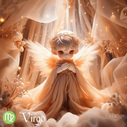 Cô bé chibi tóc tím tro ngồi trên vali giữa ga tàu, mắt nhìn bảng giờ và hai chân đung đưa nhẹ, nhân vật Xử Nữ tí hon hiện lên như đang chờ chuyến đi riêng