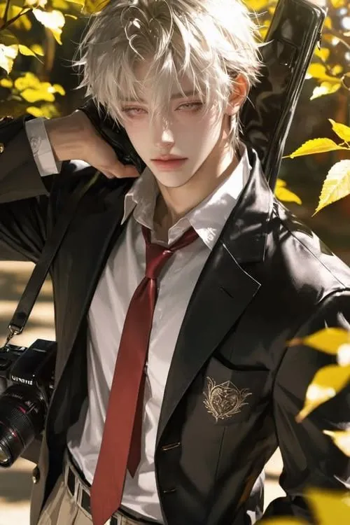 Chàng trai anime tóc vàng mặc vest đen thắt cà vạt đỏ, nền lá vàng phía sau khiến khung hình có sắc thu rõ rệt.